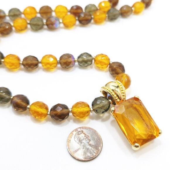 Joan Rivers Long Beaded Necklace Amber Crystal Pendant Gold Tone 38” Vintage - Picture 3 of 10